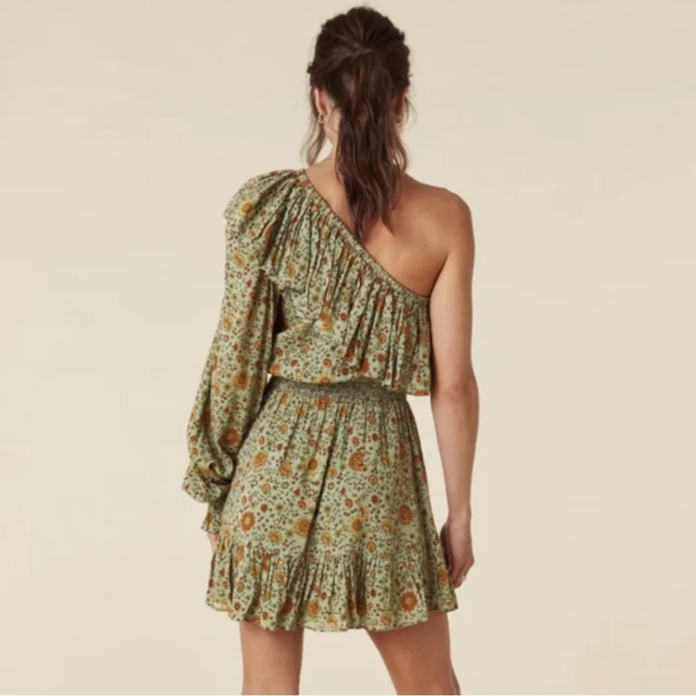 Spell Lady Untamed One-Shoulder Ruffle Floral Mini Dress in Sage and Mustard - Picture 4 of 7
